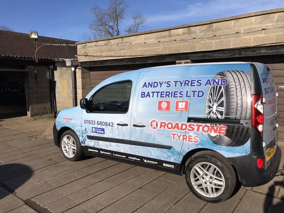 The Andy's Tyres and Batteries Ltd van outside the workshop on Mulso Road